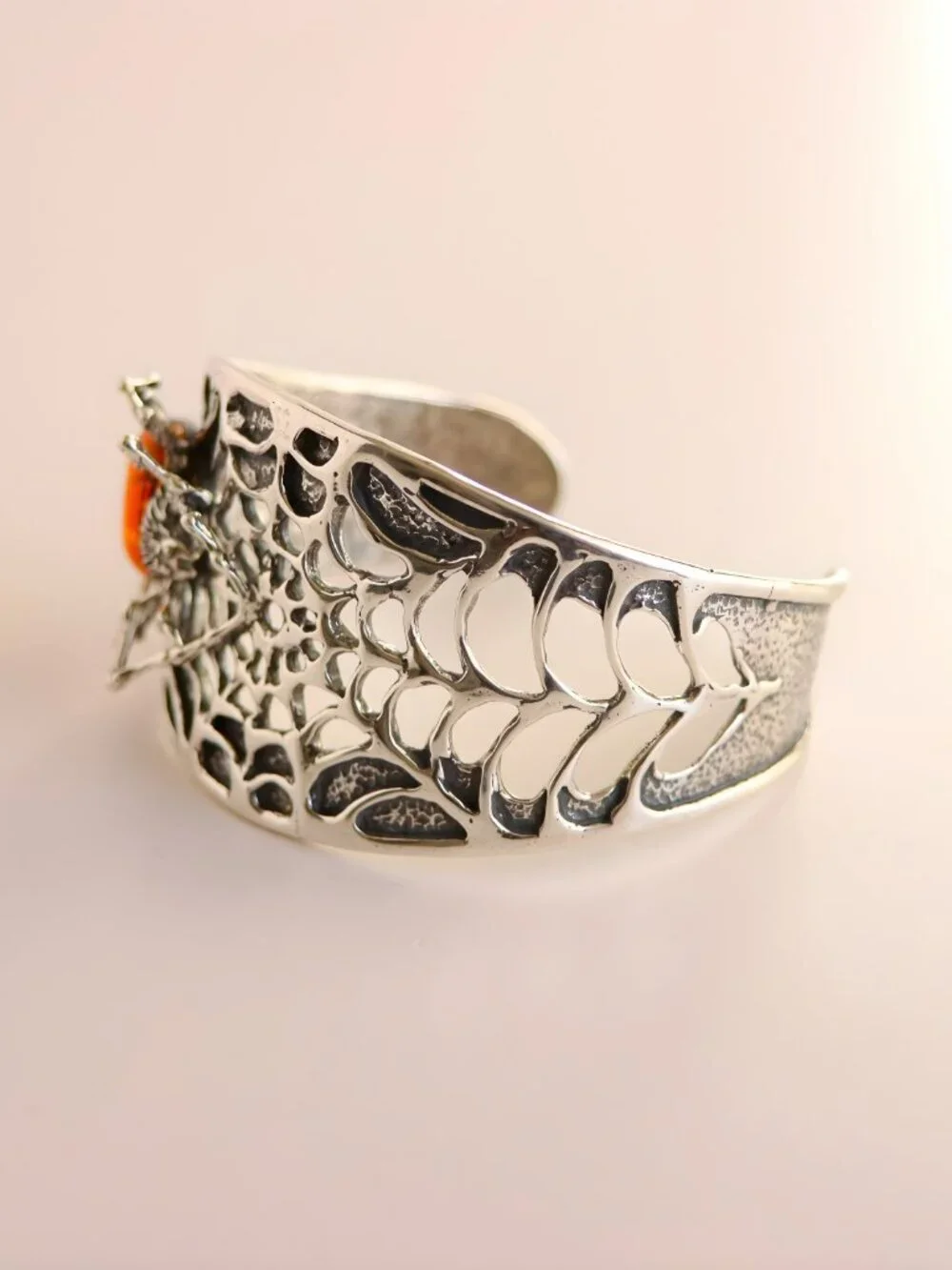 Baltic Amber Cuff Bracelet- Sterling Silver Spiderweb Design